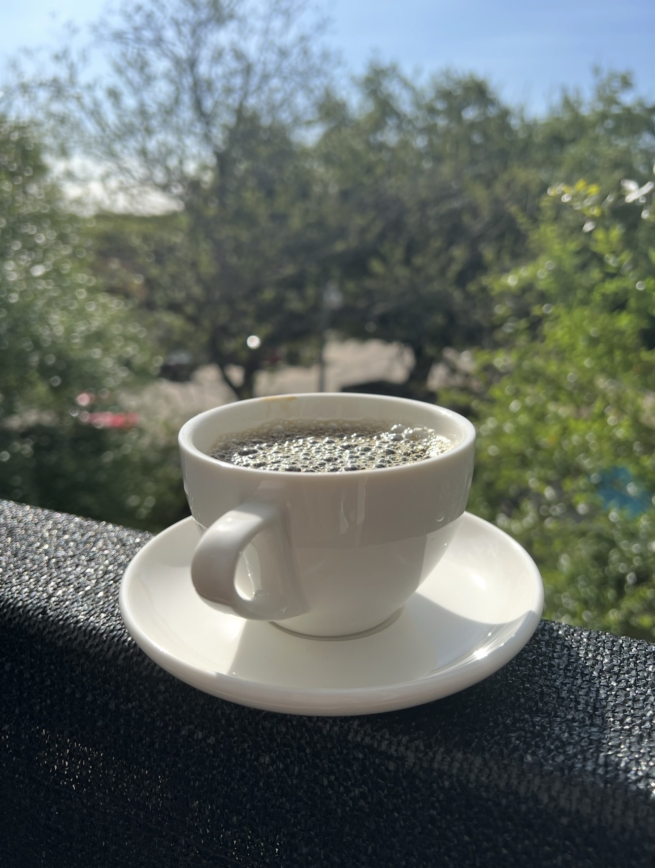 Low-context phone photograph of a coffee cup on a balcony — out-of-focus trees in background